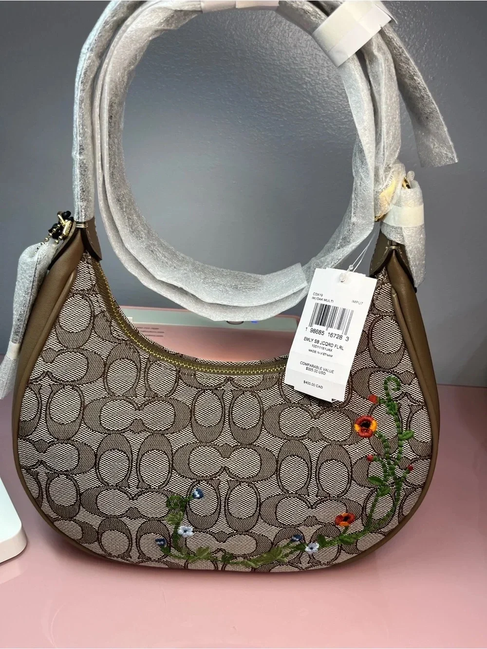 Coach Brown Signature Canvas Shoulder Bag with Floral Embroidery